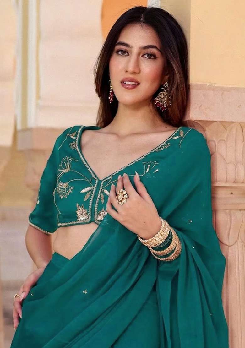 Teal Green Crepe Handwork Pre Draped Saree Set - Indya