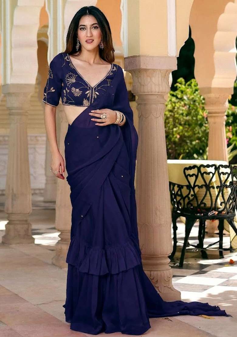 Violet Crepe Handwork Pre Draped Saree Set - Indya