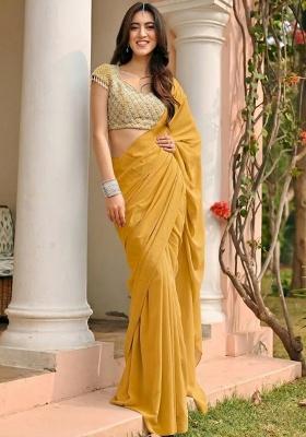 Yellow Georgette Handwork Pre Draped Saree Set