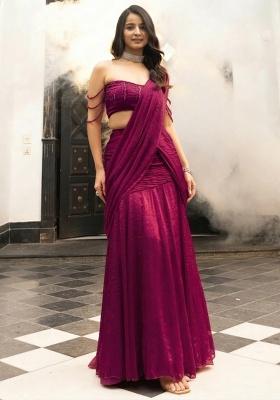 Wine Silk Handwork Pre Draped Saree Set
