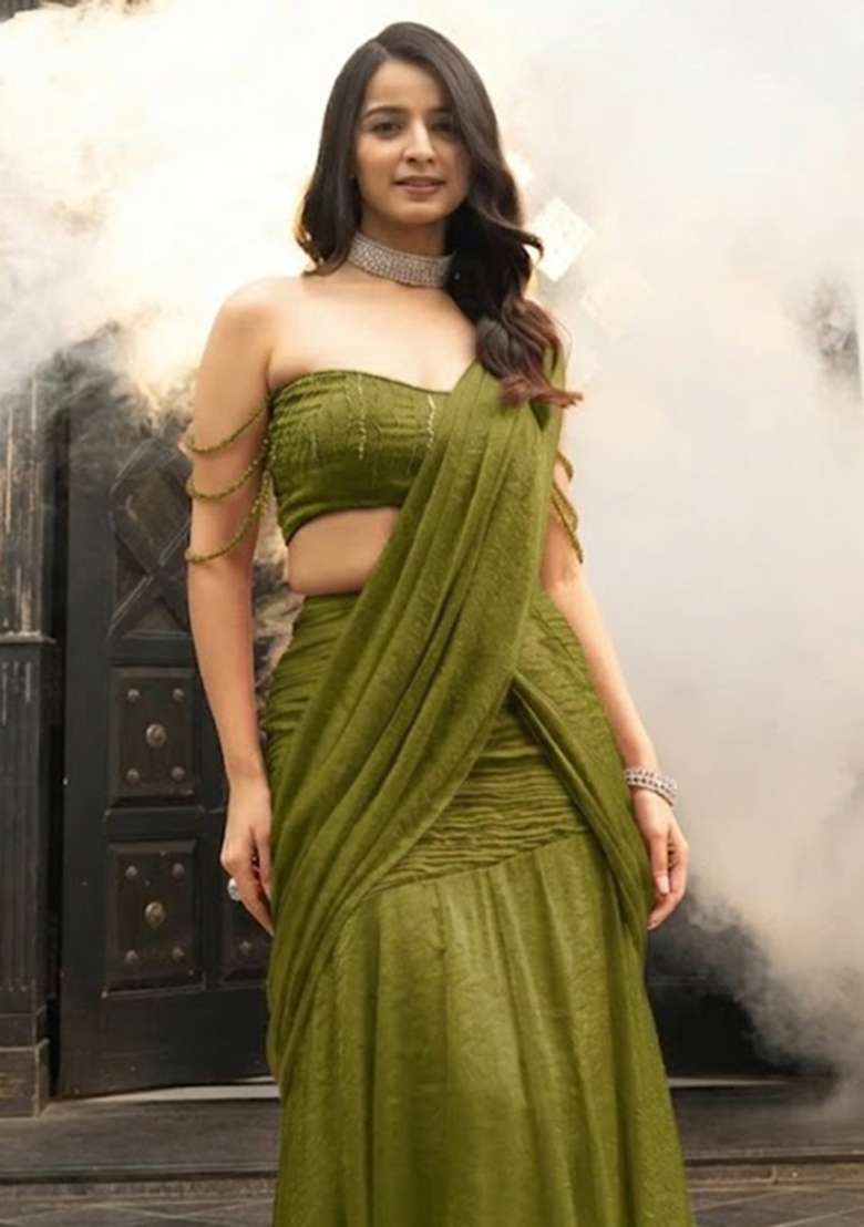 Olive Green Silk Blend Handwork Pre Draped Saree Set - Indya