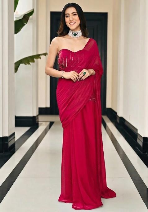 Ruby Red Chinon Handwork Pre Draped Saree Set