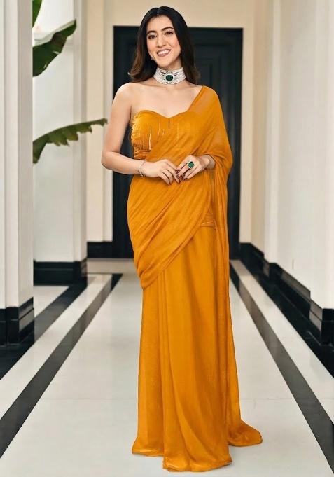 Mustard Chinon Handwork Pre Draped Saree Set