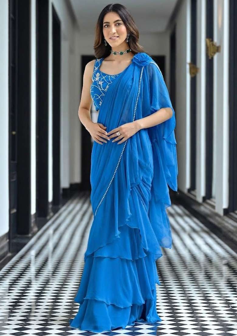 Royal Blue Georgette Handwork Pre Draped Saree Set - Indya