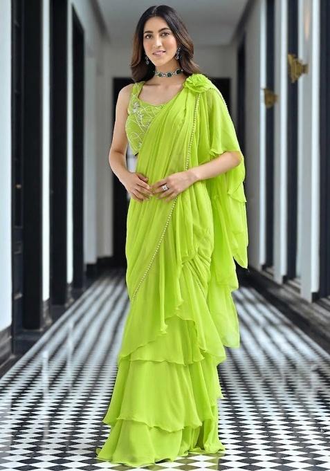 Light Green Georgette Handwork Pre Draped Saree Set