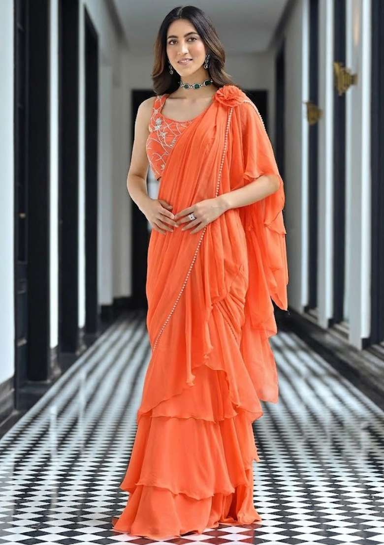 Orange Georgette Handwork Pre Draped Saree Set - Indya