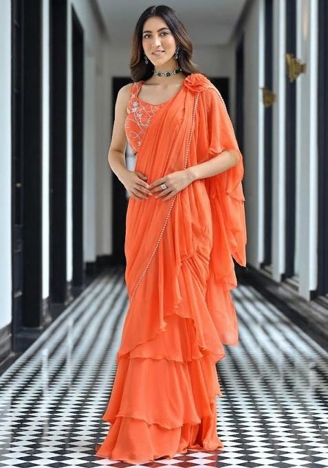 Orange Georgette Handwork Pre Draped Saree Set