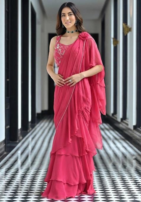 Pink Georgette Handwork Pre Draped Saree Set