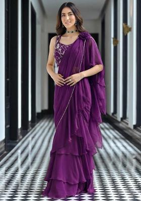Purple Georgette Handwork Pre Draped Saree Set
