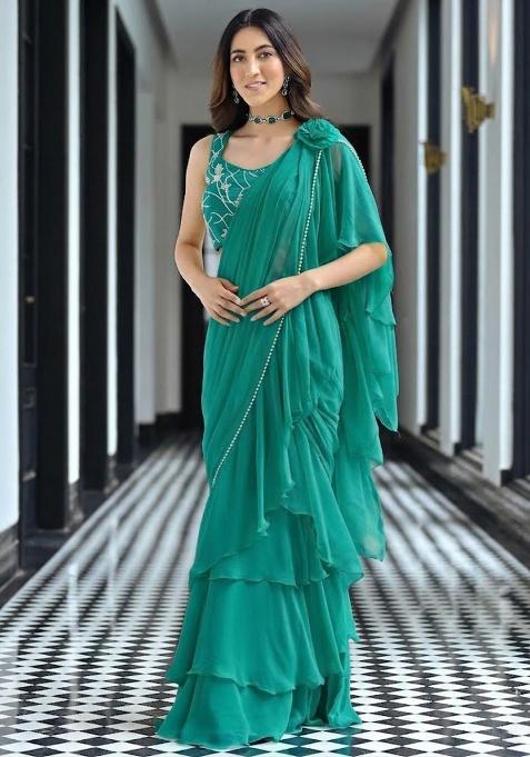 Teal Green Georgette Handwork Pre Draped Saree Set