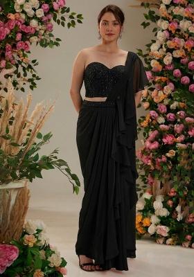 Black Georgette Handwork Pre Draped Saree Set