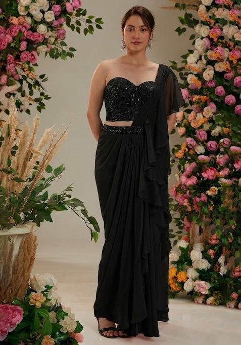 Black Georgette Handwork Pre Draped Saree Set