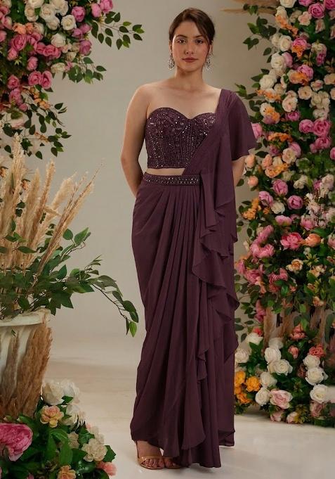 Mauve Georgette Handwork Pre Draped Saree Set
