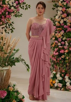 Pink Georgette Handwork Pre Draped Saree Set