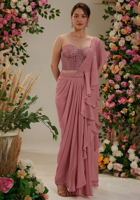 Pink Georgette Handwork Pre Draped Saree Set