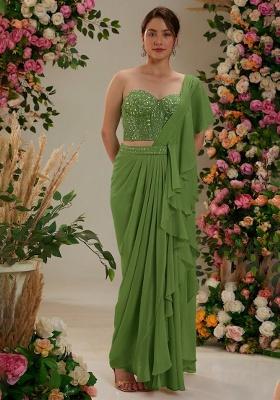 Sage Green Georgette Handwork Pre Draped Saree Set