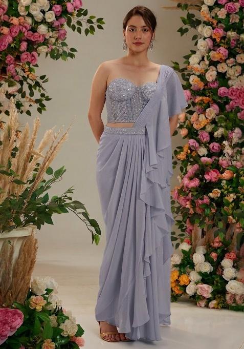 Lilac Georgette Handwork Pre Draped Saree Set