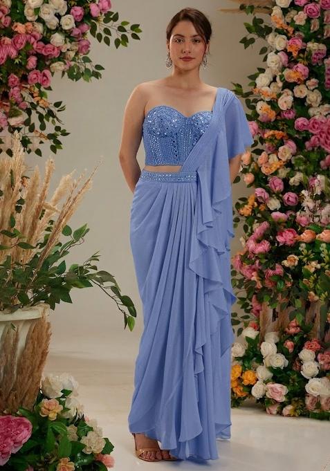 Lavender Georgette Handwork Pre Draped Saree Set