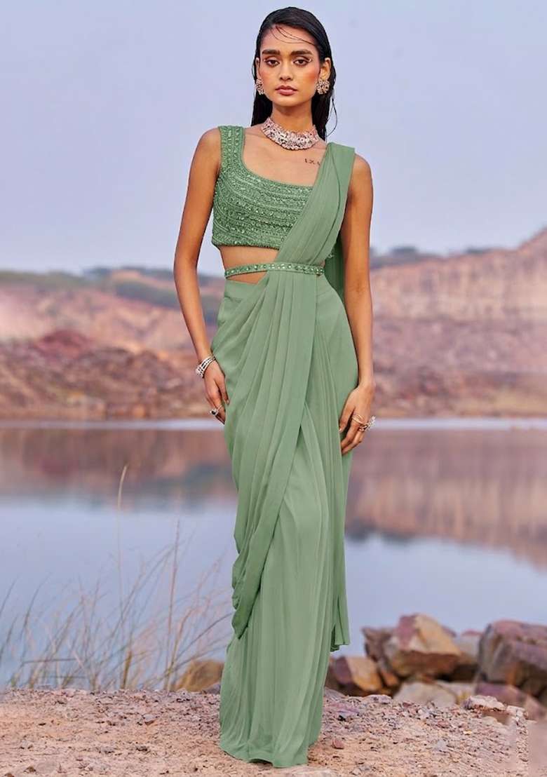 Sage Green Georgette Handwork Pre Draped Saree Set - Indya