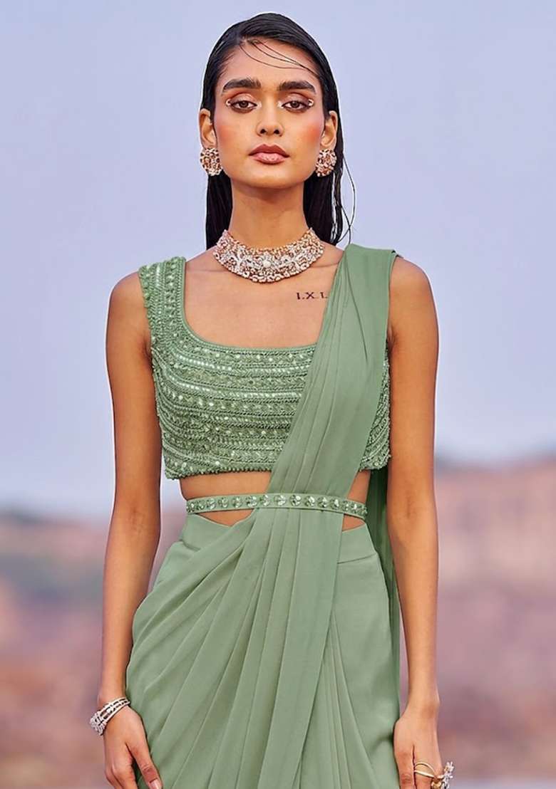 Sage Green Georgette Handwork Pre Draped Saree Set - Indya
