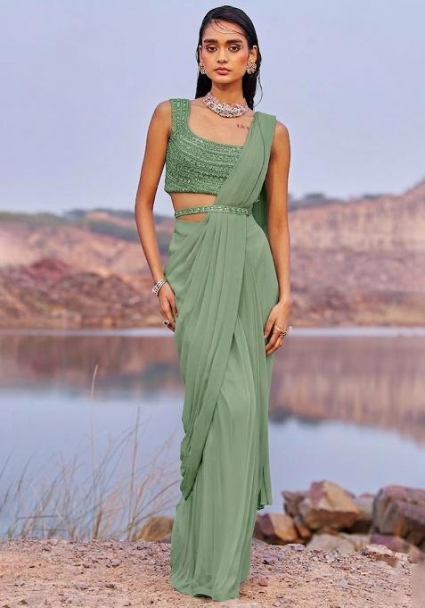 Sage Green Georgette Handwork Pre Draped Saree Set