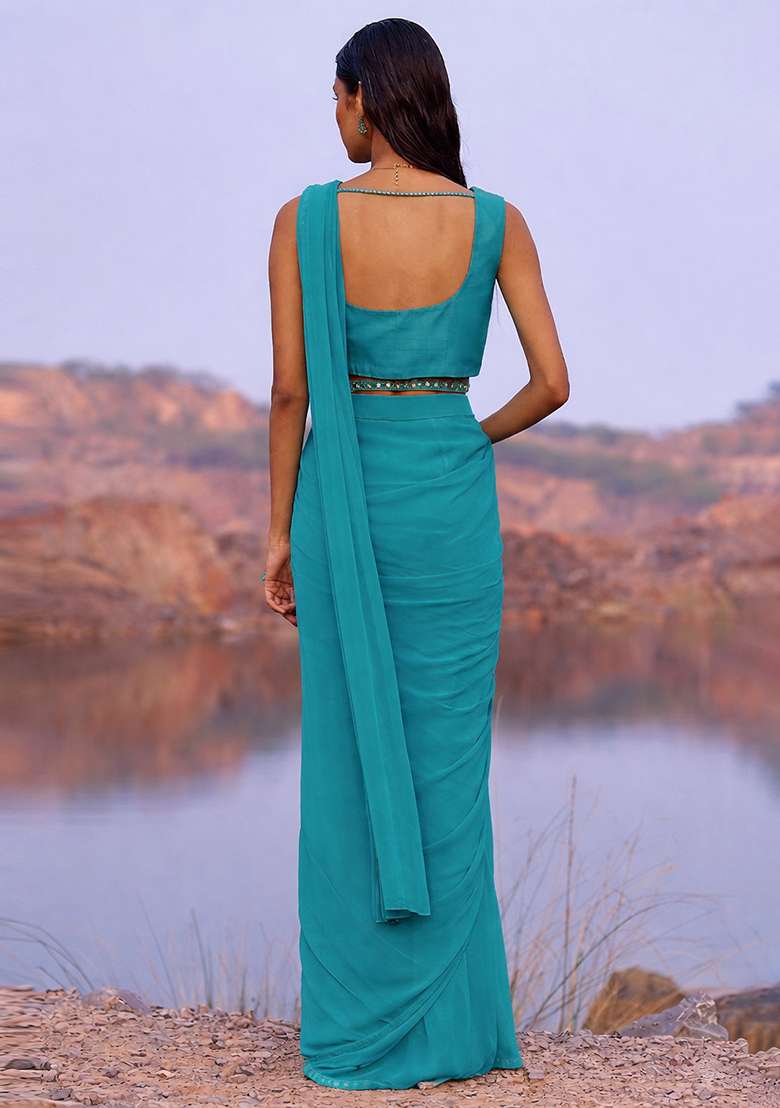 Teal Blue Georgette Handwork Pre Draped Saree Set - Indya