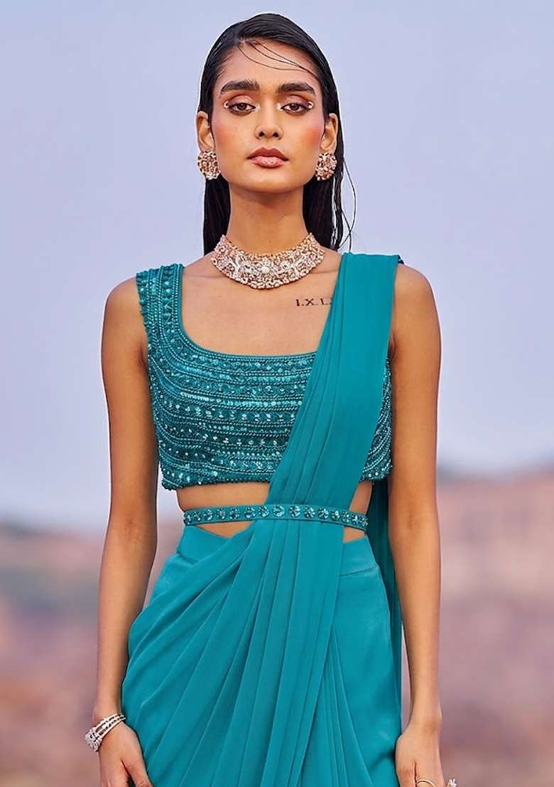 Teal Blue Georgette Handwork Pre Draped Saree Set - Indya