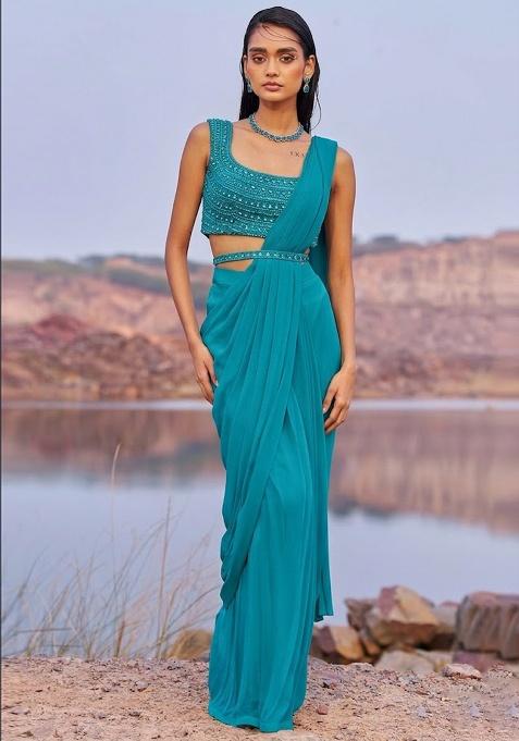Teal Blue Georgette Handwork Pre Draped Saree Set