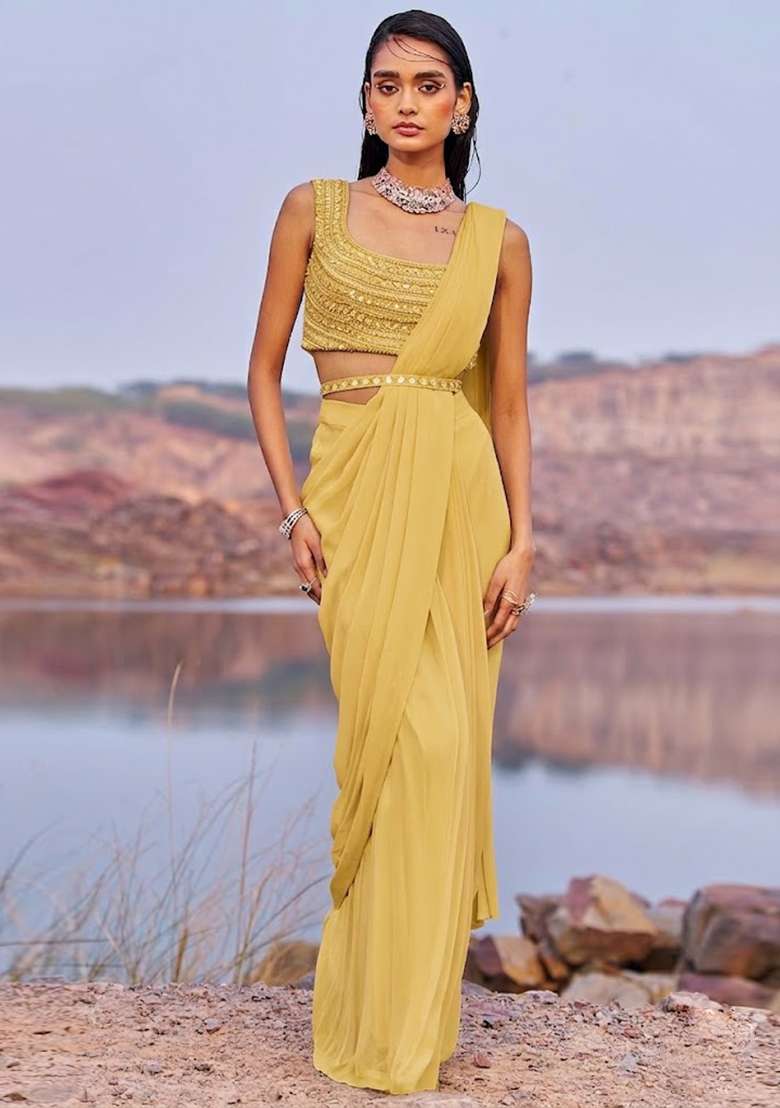 Beige Georgette Handwork Pre Draped Saree Set - Indya