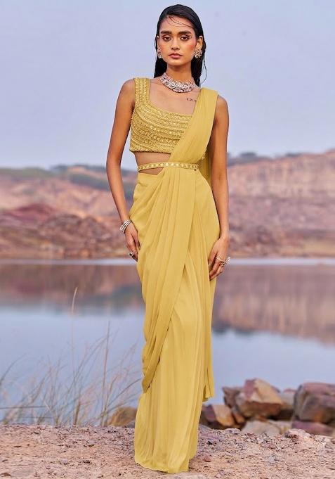 Beige Georgette Handwork Pre Draped Saree Set