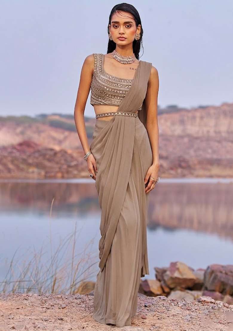 Grey Georgette Handwork Pre Draped Saree Set - Indya
