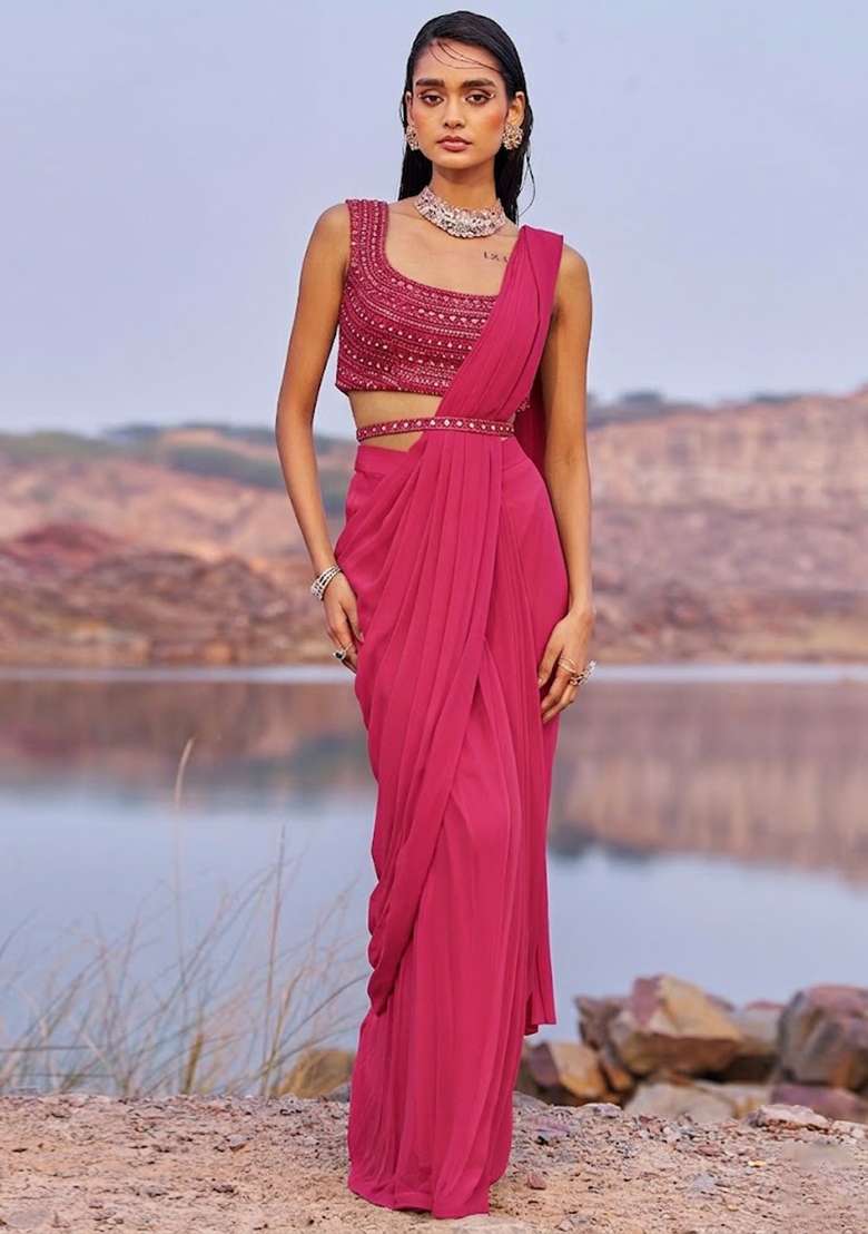 Hot Pink Georgette Handwork Pre Draped Saree Set - Indya