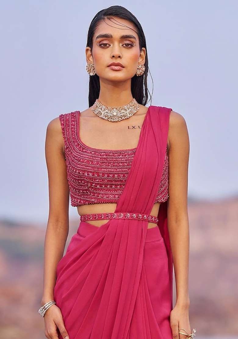 Hot Pink Georgette Handwork Pre Draped Saree Set - Indya