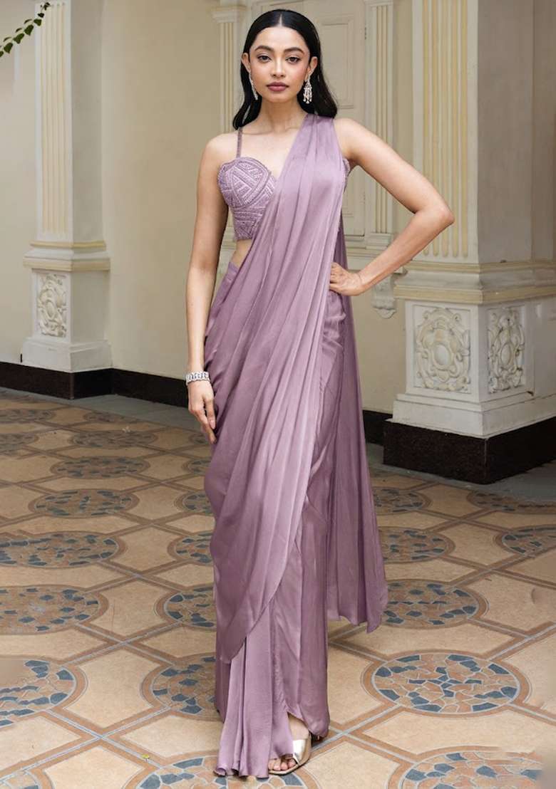 Lavender Satin Handwork Pre Draped Saree Set - Indya