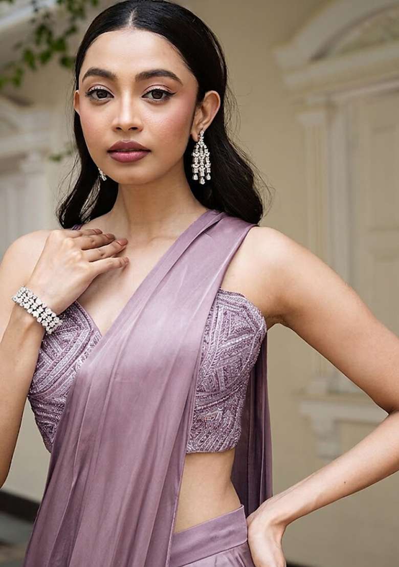 Lavender Satin Handwork Pre Draped Saree Set - Indya