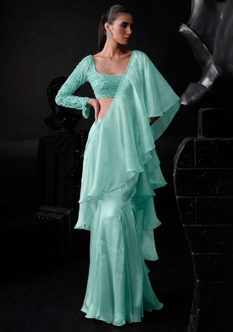 Mint Green Organza Handwork Pre Draped Saree Set - Indya