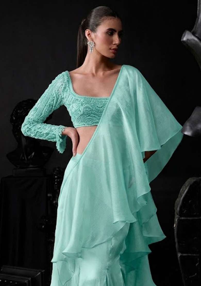 Mint Green Organza Handwork Pre Draped Saree Set - Indya