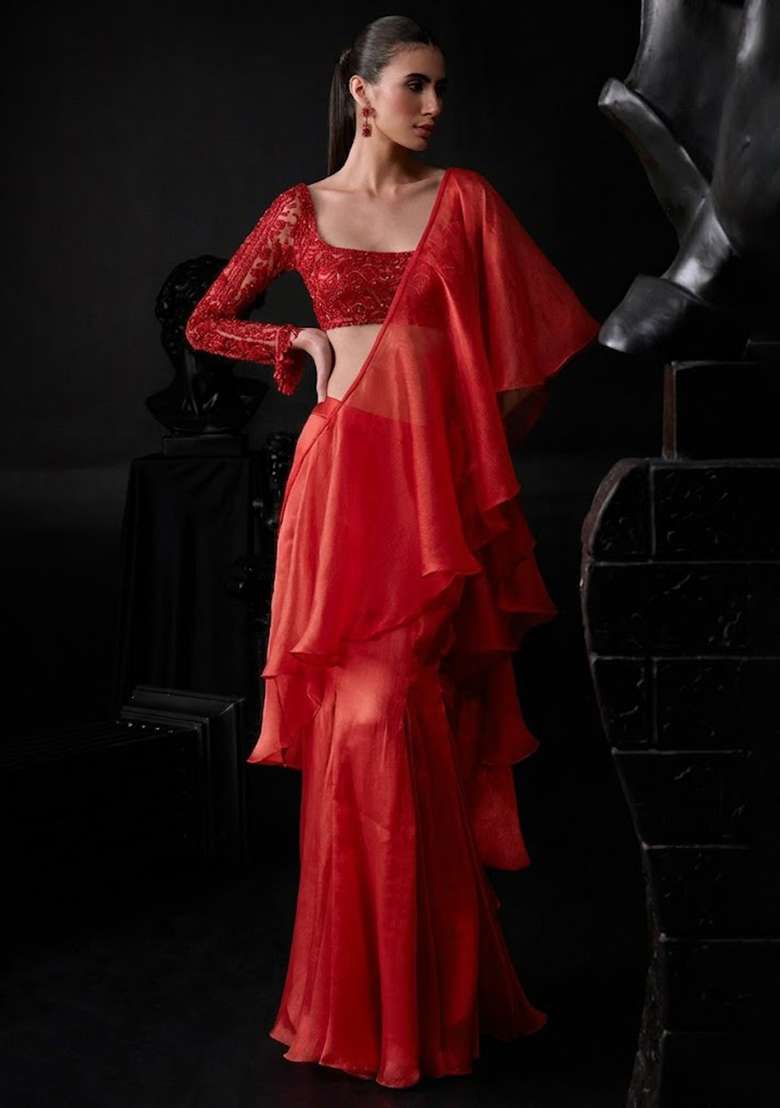 Red Organza Handwork Pre Draped Saree Set - Indya