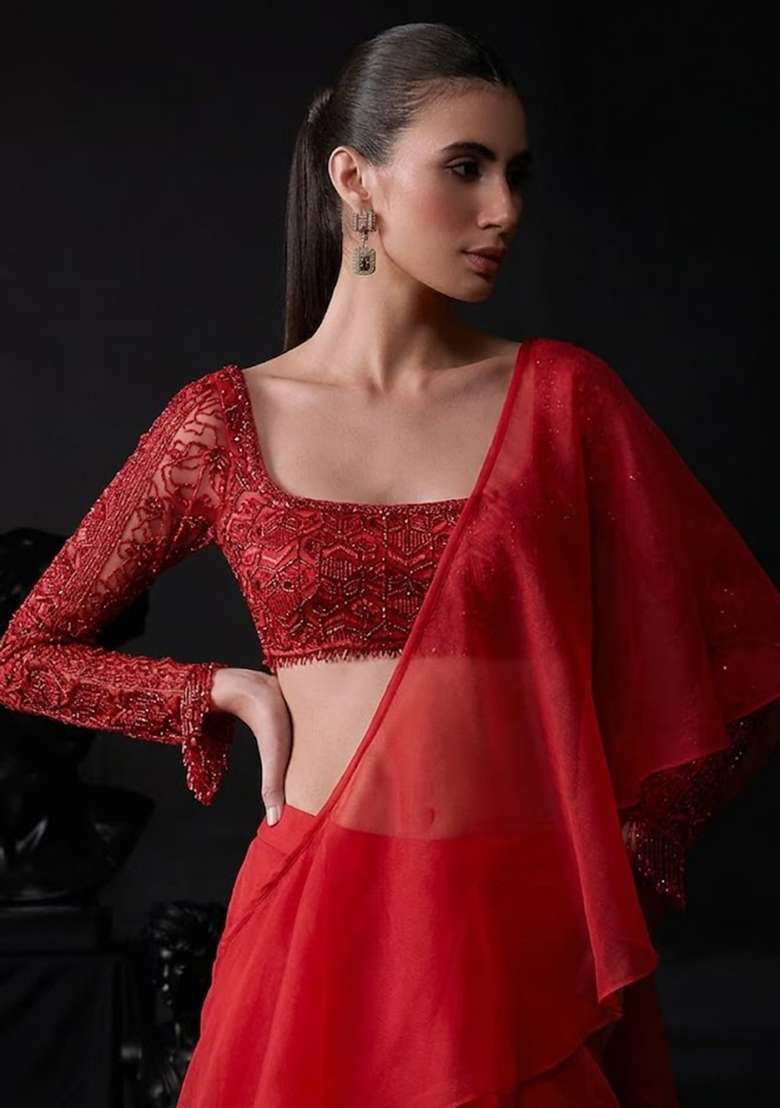 Red Organza Handwork Pre Draped Saree Set - Indya