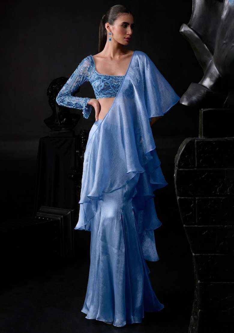 Blue Organza Handwork Pre Draped Saree Set - Indya