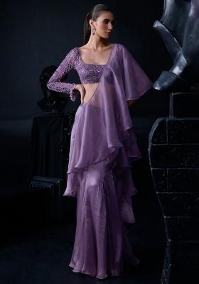 Lavender Organza Handwork Pre Draped Saree Set