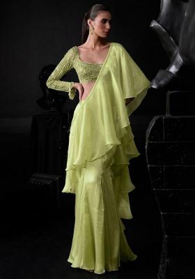 Lime Green Organza Handwork Pre Draped Saree Set