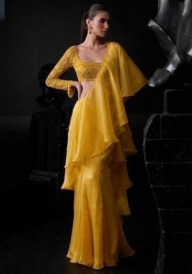 Mustard Organza Handwork Pre Draped Saree Set