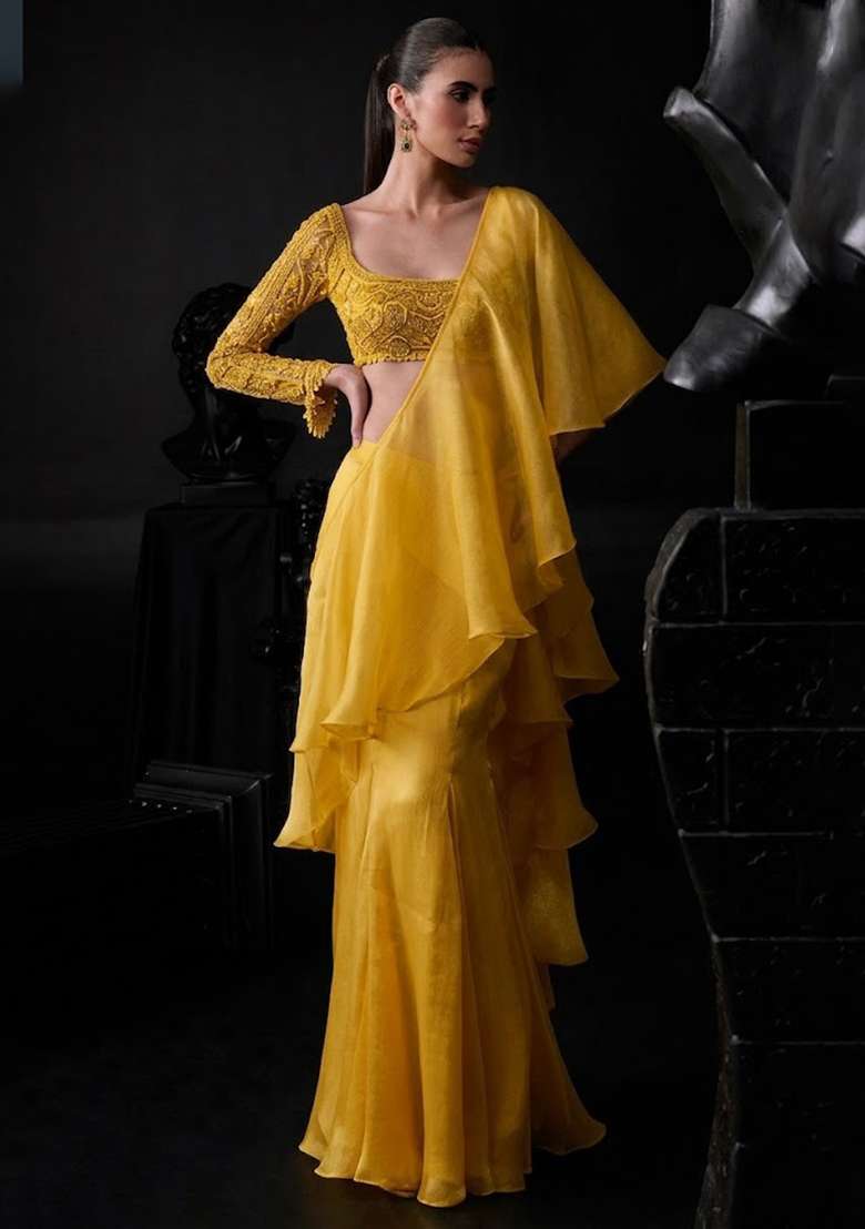 Mustard Organza Handwork Pre Draped Saree Set - Indya