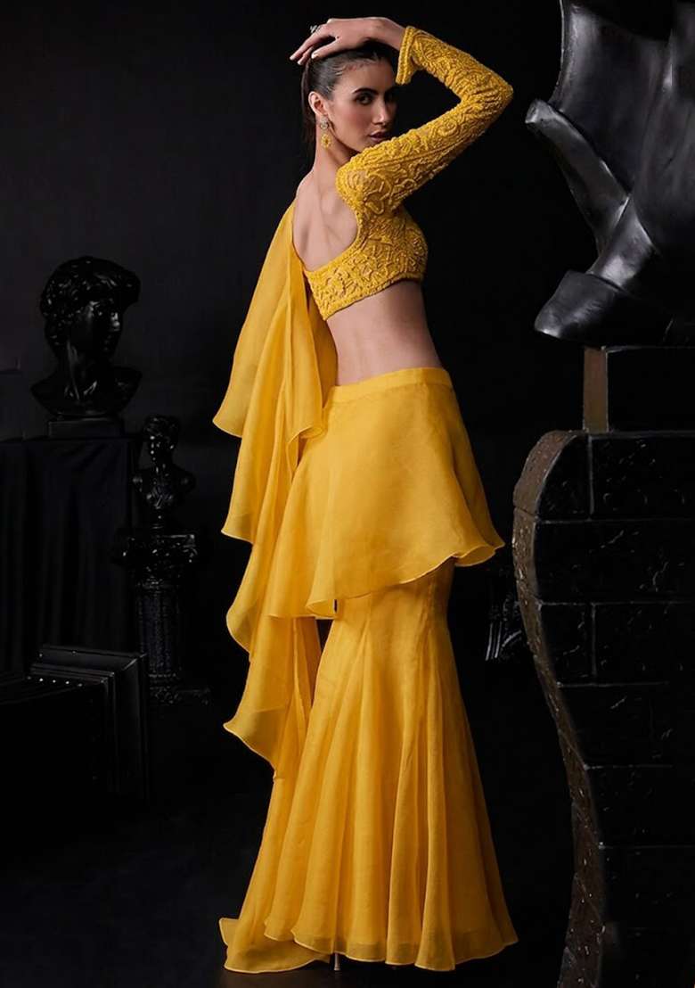 Mustard Organza Handwork Pre Draped Saree Set - Indya