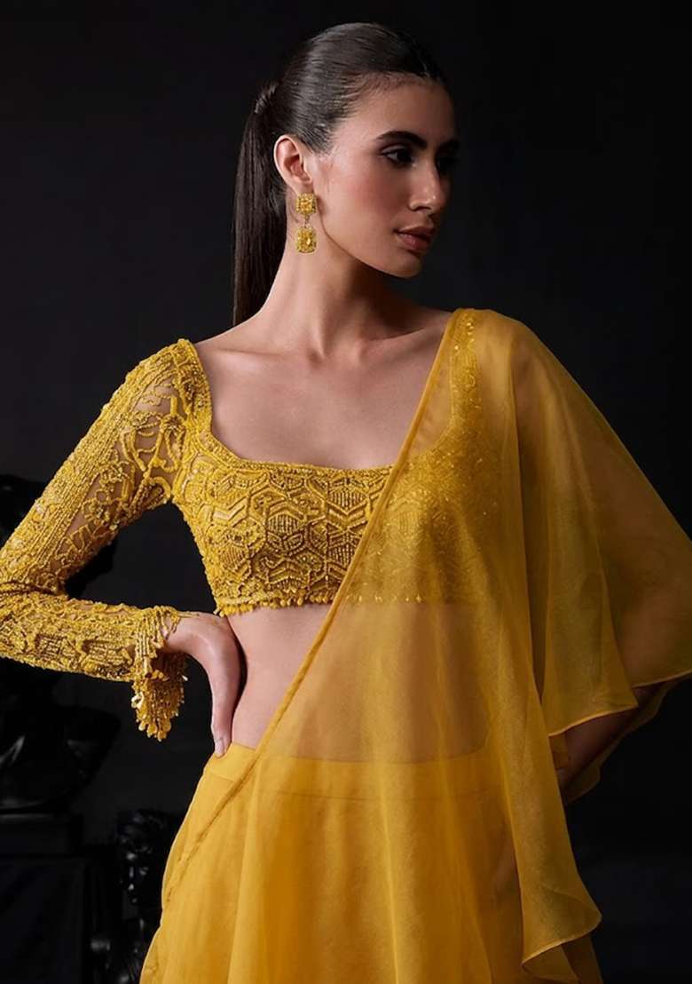 Mustard Organza Handwork Pre Draped Saree Set - Indya