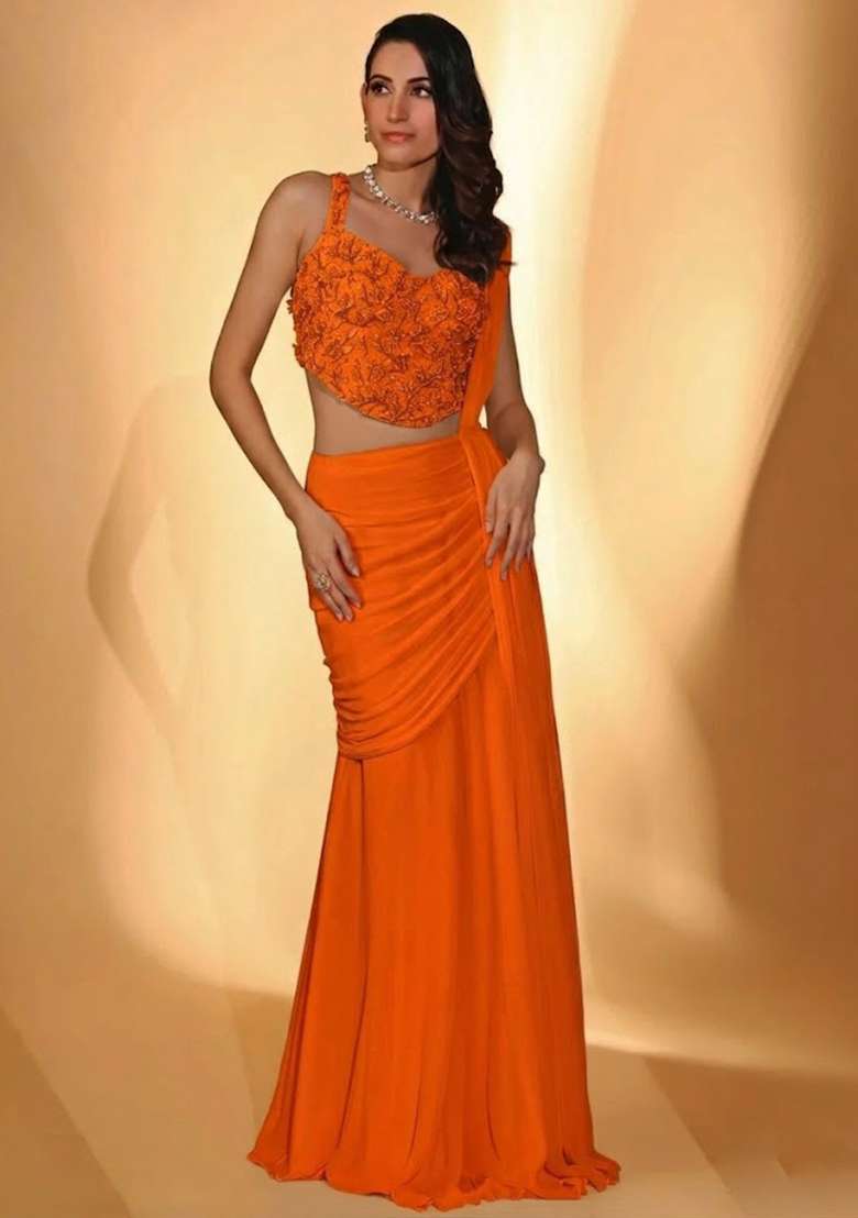 Orange Georgette Handwork Pre Draped Saree Set - Indya