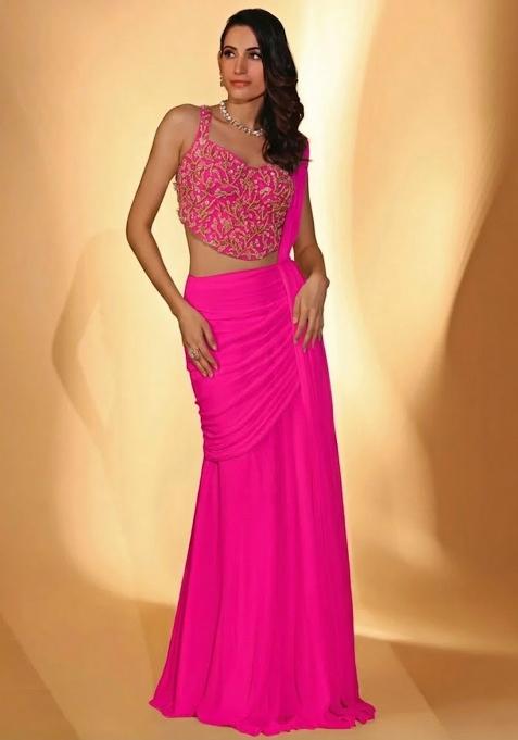 Pink Georgette Handwork Pre Draped Saree Set