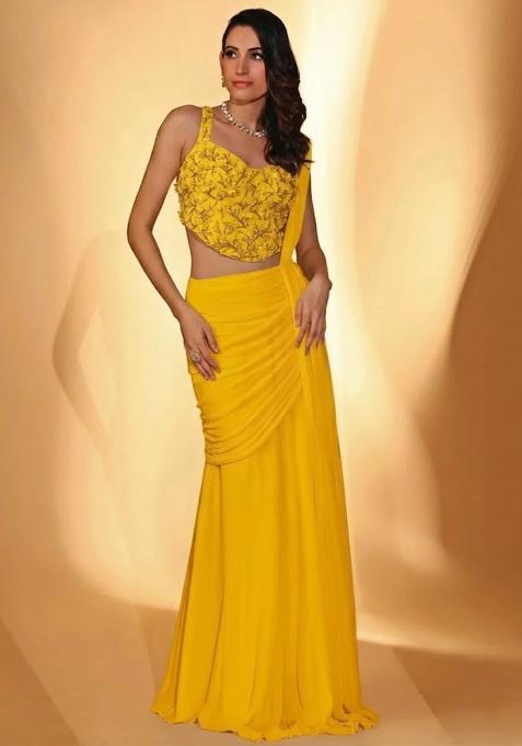 Yellow Georgette Handwork Pre Draped Saree Set