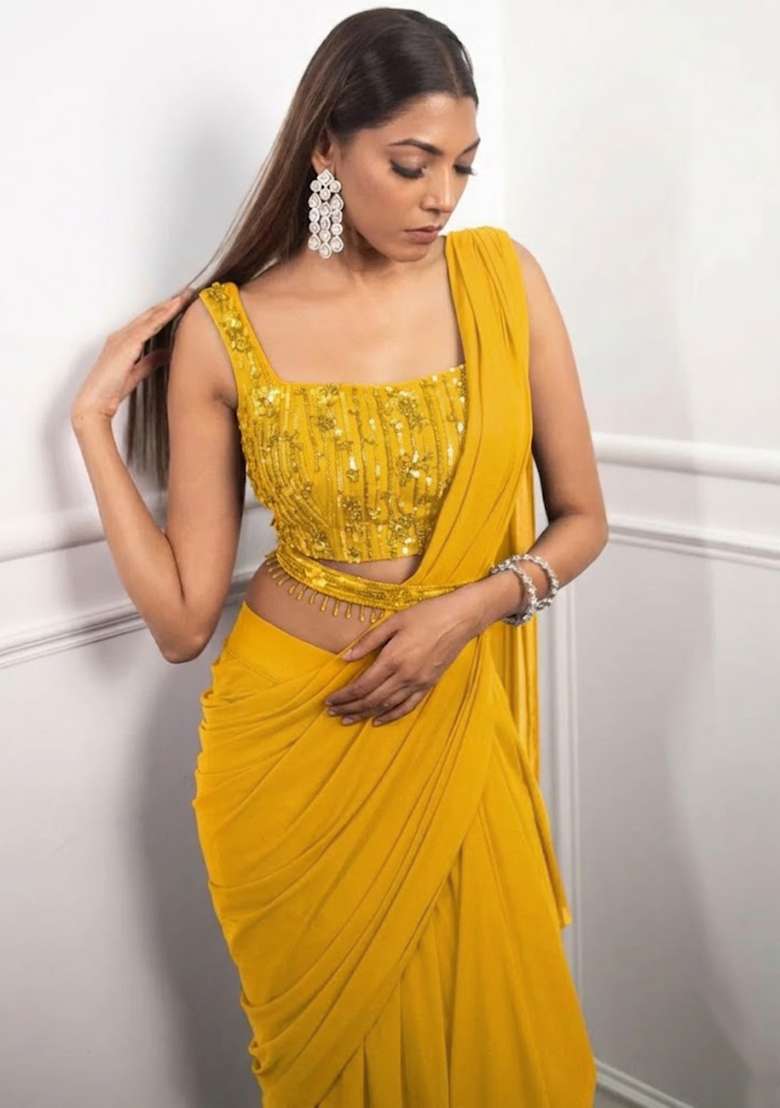 Yellow Crepe Handwork Pre Draped Saree Set - Indya